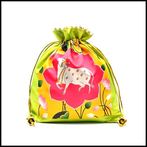 Silk Potli Bag with Modern Handle, Traditional Cow Print Clutch